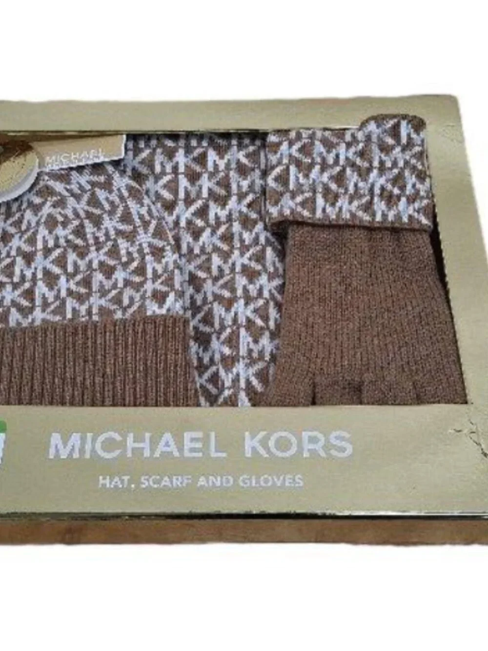 Michael Kors MK Monogram Hat Scarf & Gloves Set – Brown & White – NWT